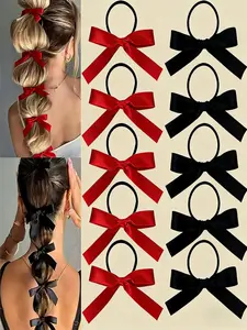 10pcs/set Women's Red & Black Bow Hair Ties | Retro Minimalist Elegant Hair Accessories with Bows, Perfect for Christmas, Valentine's Day, Ballet, Weddings, Parties, and Daily Wear