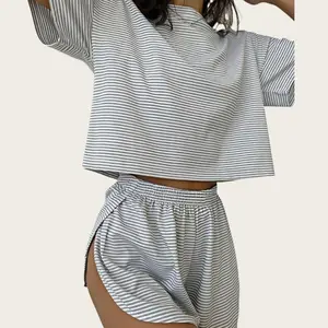 2 piece lounge set Trendy Striped Sleepwear | Women's Airy Spring Summer Outfit Relaxation Striped Lounge Set | Breathable Knit Pajamas | Women's Cozy Short Sleeve Shorts | Cozy Split-Side Shorts Sleep Set Loose Fit Loungewear for
