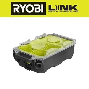 RYOBI LINK Compact 6-Compartment Tool Box – Modular Small Parts Organizer with 25 lb Load Capacity for Garage & Jobsite