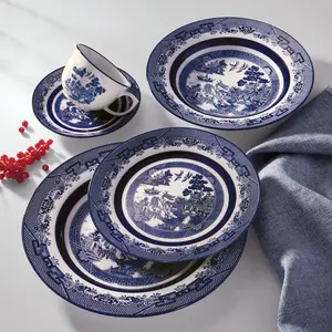 Oxford Flamingo, Blue Willow Porcelain 20 Piece Dinnerware Set, Service for 4