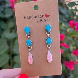 Kingman Turquoise Pink Conch Sterling dangles. Closed back- stamped 925