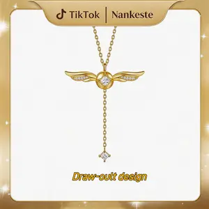 Women's Angel Wings Necklace with White Heart Zircon - Dangle Heart Pendant, 17.71in+1.96in Chain, Angelic Style, Dangling Charm, Chain Accent Costume Jewelry, Angelic Style Necklaces, Dangling Charm Necklaces