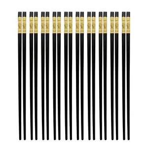 THY COLLECTIBLES 10 Pairs Fiberglass Non-Slip Reusable Chopsticks Dishwasher Safe 9.5 Inch Black and Gold Cutlery Tableware Set