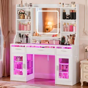 Vanity Desk with Smart Mirror and Lights, Makeup Vanity Desk with Glass tabletop and 6 Storage Shelves & 2 Large Tempered Cabinet, Power Outlet, for Bedroom, White