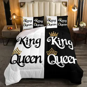 and Crown Comforter Set,Black White Couple Bedding Set for Adult Women Men,His Her Mr Mrs Wedding Valentines Gift Quilt Duvet Sets