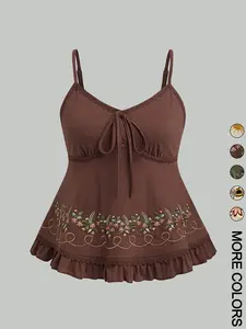 Women's Floral Embroidered Ruffled Hem Camisole, Casual Soft Stretchy Fabric & Adjustable Straps & Cute Embroidery Patterns (Flower/Bee/Sun) & Lace Trim & Multi-Option Designs，babydoll tops，1pc, Womenswear, Feminine