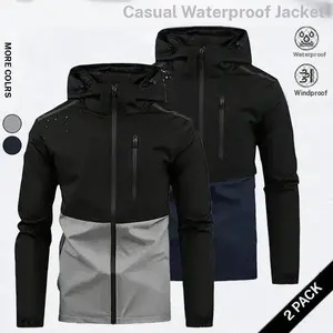 Men's Plain Waterproof Windproof Hooded Jacket - Drawstring, Zip-Up, Long-Sleeve, Zipper Pocket, Casual Outerwear for Outdoor Activities, All-Season Menswear Top