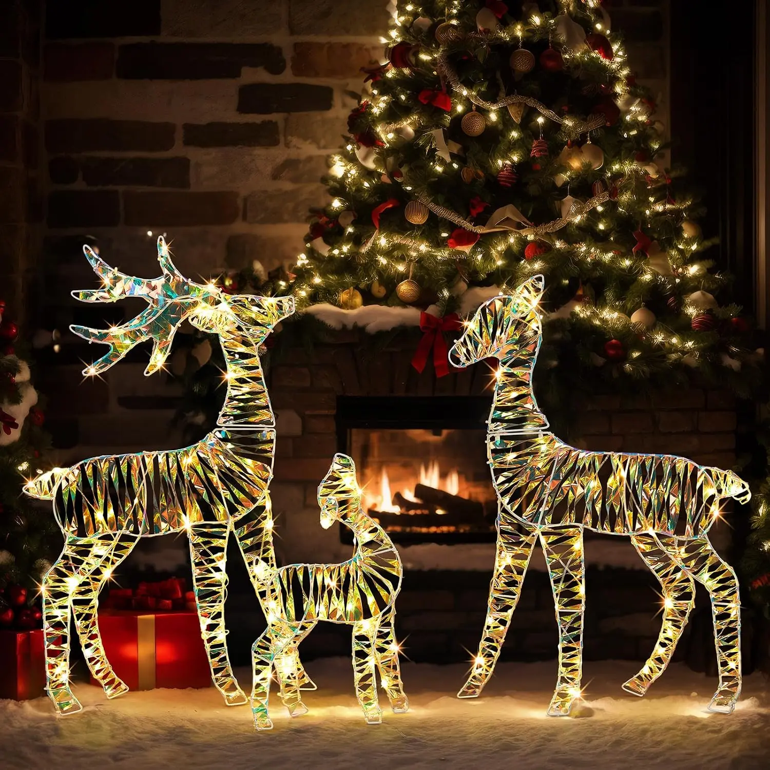 3-Piece Lighted Iridescent Christmas Reindeer Family Set, 2.4FT Buck Doe Fawn Outdoor Yard Decorations, Pre-lit 110 Warm White LED Lights, Weatherproof Xmas Lawn Garden Home Decor