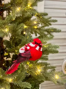 6.5 Inch Red Velvet Cardinal With Scarf Clip On Ornament