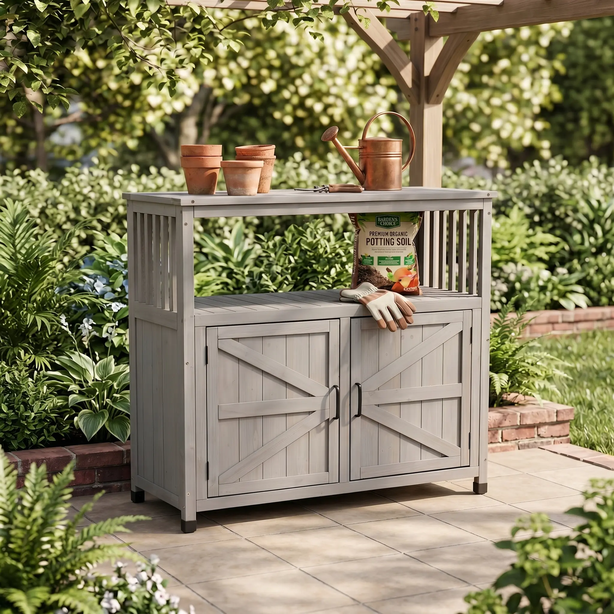 Wooden Patio Bar Table Set with Storage, Outdoor Storage Cabinet for Grilling Accessories,Buffet Cabinet Sideboard for Outdoor and Indoor,