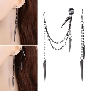 Black Spike Chain Dangle Earrings with Ear Cuff, Gothic Punk Spike Tassel Earrings for Women, No Piercing Ear Cuff Jewelry Set
