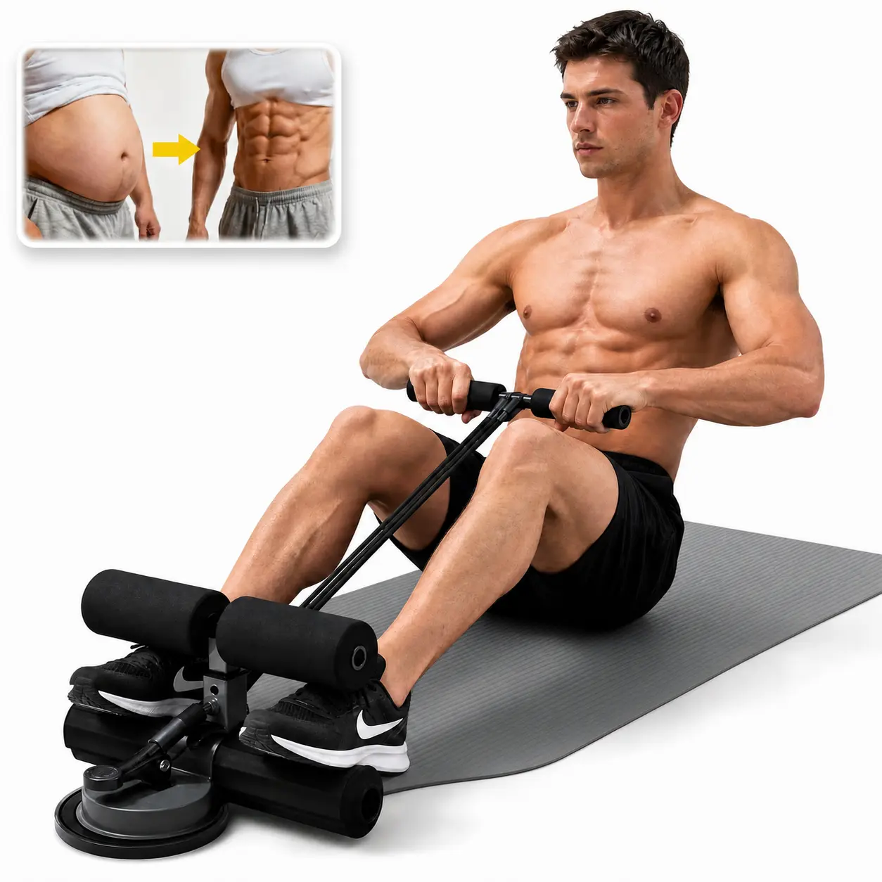 Portable 3-Level Adjustable Sit-Up Foot Anchor with Dual Strong Suction Cups & Resistance Band, Core Abdominal Trainer for Home & Office Workouts