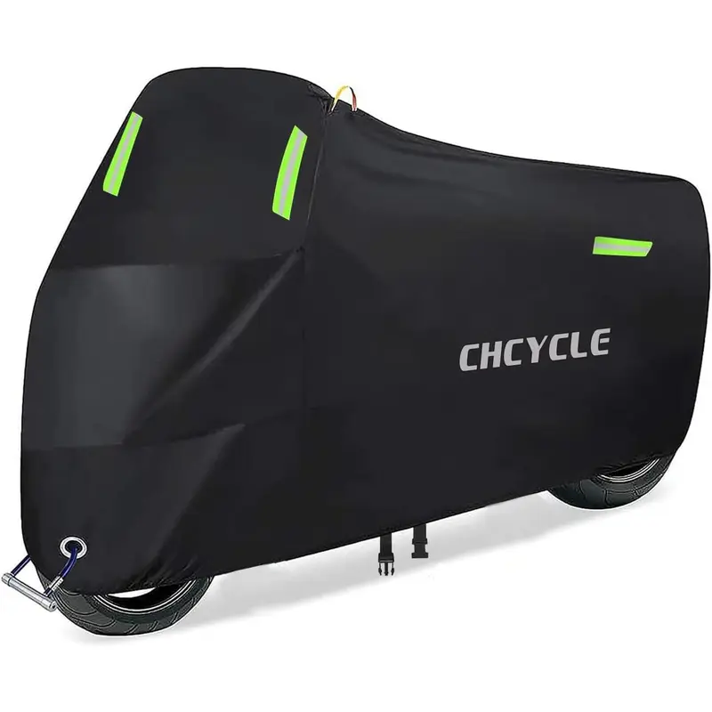 300D Heavy Duty Motorcycle Cover, All Season Waterproof Motorbike Cover Black Universal Outdoor Moped Cover with Lock Holes & Storage Bag (Black, XXL)