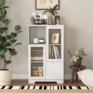MDF painted Cabinet with Glass Doors and drawer, open storage space, White , Bedroom, Living room