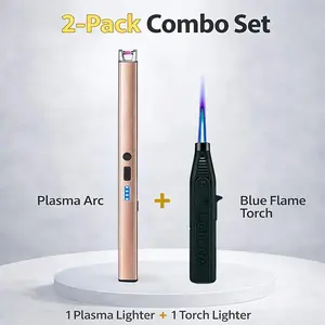 2pcs Combo Lighters Set - USB Rechargeable Plasma Arc Lighter + Windproof Jet Torch Lighter, Safety Lock, for Candles, Bbq, Camping & Gifts (Butane Not Included)
