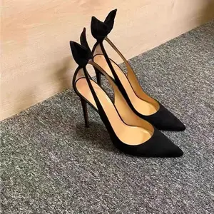Black Pointed Toe Stiletto Heels With Velvet Bow Back Detail, Elegant Dress Shoes For Women, Date Night Party Pumps, Classic Black High Heels