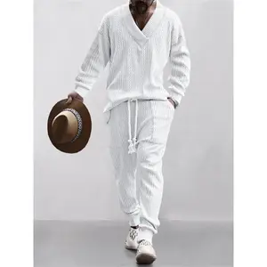 Men's Jacquard Drop Shoulder V Neck Top & Drawstring Waist Pants, Casual Fashion Pullover & Pocket Trousers for Daily Wear, Tracksuit Set, Tracksuits, Mens Jogger Sets, Sweat Suits Workout, Men's 2 Piece Set, Menswear, Clothes, Formal Wear, Sweat Set