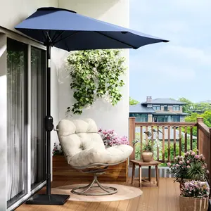 Outdoor 9 Ft Half Patio Umbrella, Polyester Balcony Table Canopy, Steel Frame Crank Shade, Navy Blue