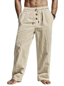 Men's Lightweight Breathable Linen Drawstring Pants, High Waist Elastic Waistband, Summer Casual Long Pants, Vacation Style