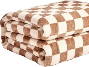 FY FIBER HOUSE Checkered Flannel Fleece Throw Blanket Soft Cozy Checkerboard Grid Print Chessboard Gingham Pattern Blankets for Bed Couch Sofa, 60"x80", Khaki