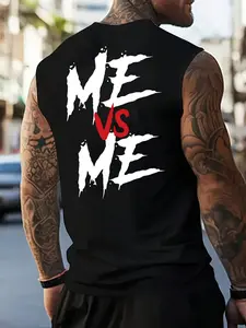 Me Vs Me Sleeveless Vest with Letter Print, Casual Loose-Fitting Top, American Street Style Gym Wear, Geometric Pattern, Sleeveless Gym Tops, Workout Gym Clothing, Sports Apparel, Sleeveless Sports Vests, Fitness Vest Top