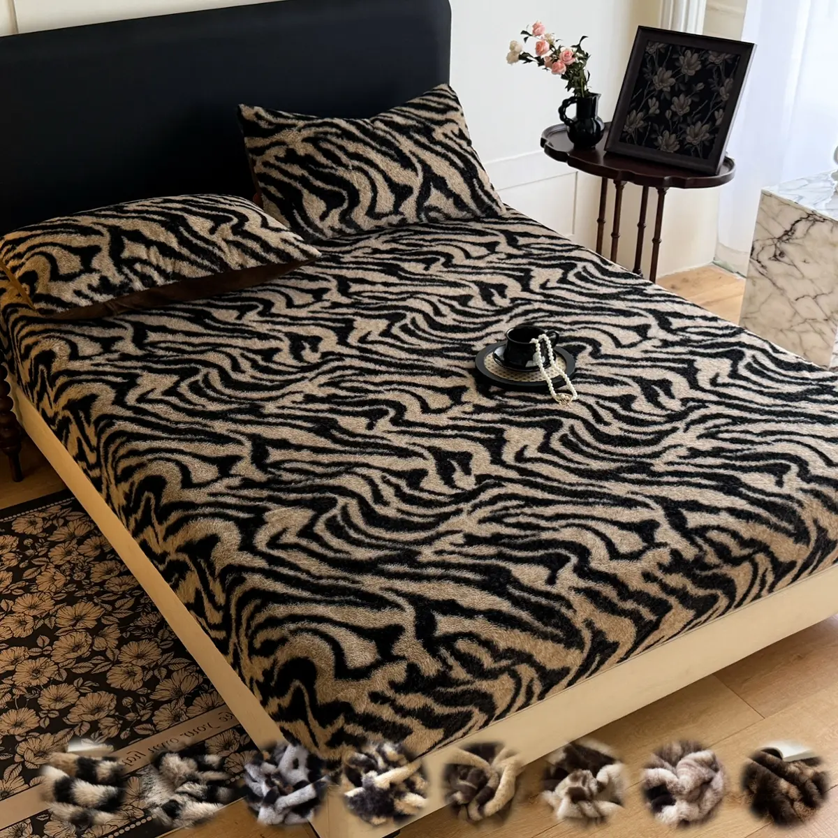 Faux Rabbit Fur Fitted Sheet 1pc – Leopard/Tiger Print, Soft & Warm Solid Color Bedding, Bed Linens, Set with 1 Fitted Sheet or 2 Pillowcases, All-Season Use, Perfect for Bedroom, Dorm, Sofa, Fluffy Cozy Christmas Gift Bedsheet Sets