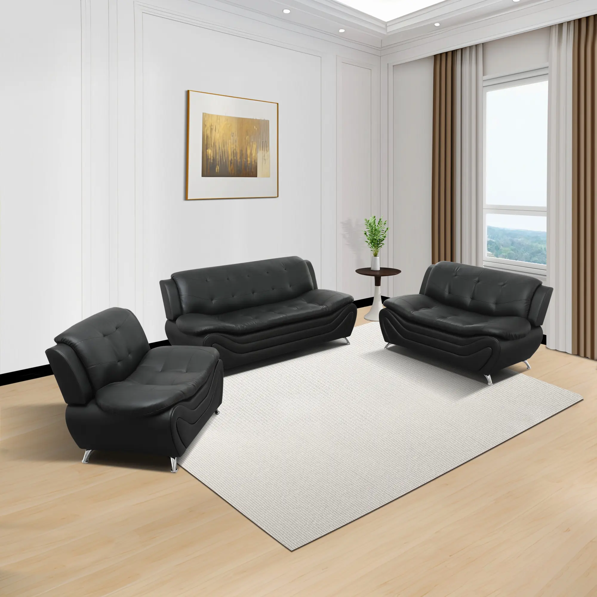 Black Faux Leather 3-Piece Couch Set for Modern Home Decor with Sleek Design and Comfortable Seating in Contemporary Style Durable Luxurious Versatile Easy Integration
