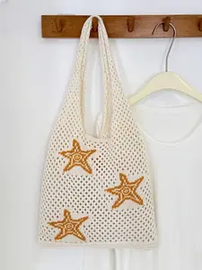 Women's Large Capacity Knit Tote Bag with Starfish Pattern, Summer Beach Hollow Out Travel Sandbag, Vacation Style