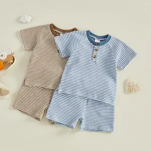 Babamoon Kids Baby Boys Outfits Set Waffle Striped Short Sleeve Henley Neck T-shirt Tops with Shorts Stripes Toddler Summer Clothes Set 3M-4Y