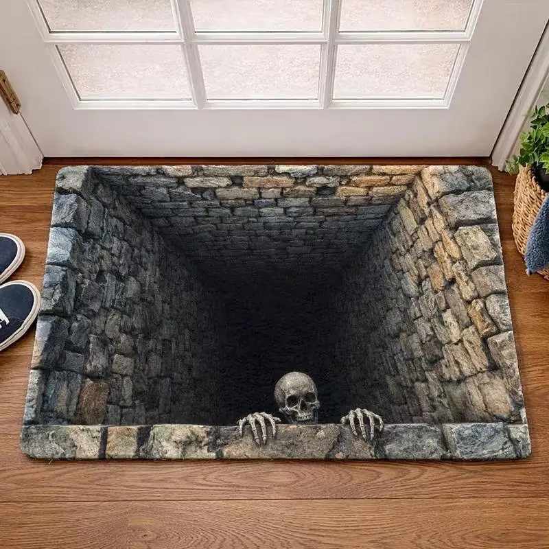3D Illusion Skull Doormat, Halloween Deep Hole Optical Illusion Flannel Floor Mat, Funny Non Slip Front Door Rug, Spooky Novelty Home Decor Carpet for Entryway Bedroom Bathroom Indoor Outdoor, 16×24in / 20×31in / 24×36in