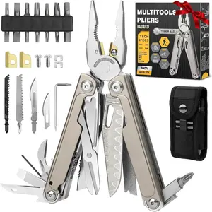 Titanium Alloy Multitool with Damascus Knife, EDC Multi tools with Replaceable Wire Cutters, Scissors, Screwdriver Bits, Titanium Handle Multi-Tool for Camping, Survival, Repair