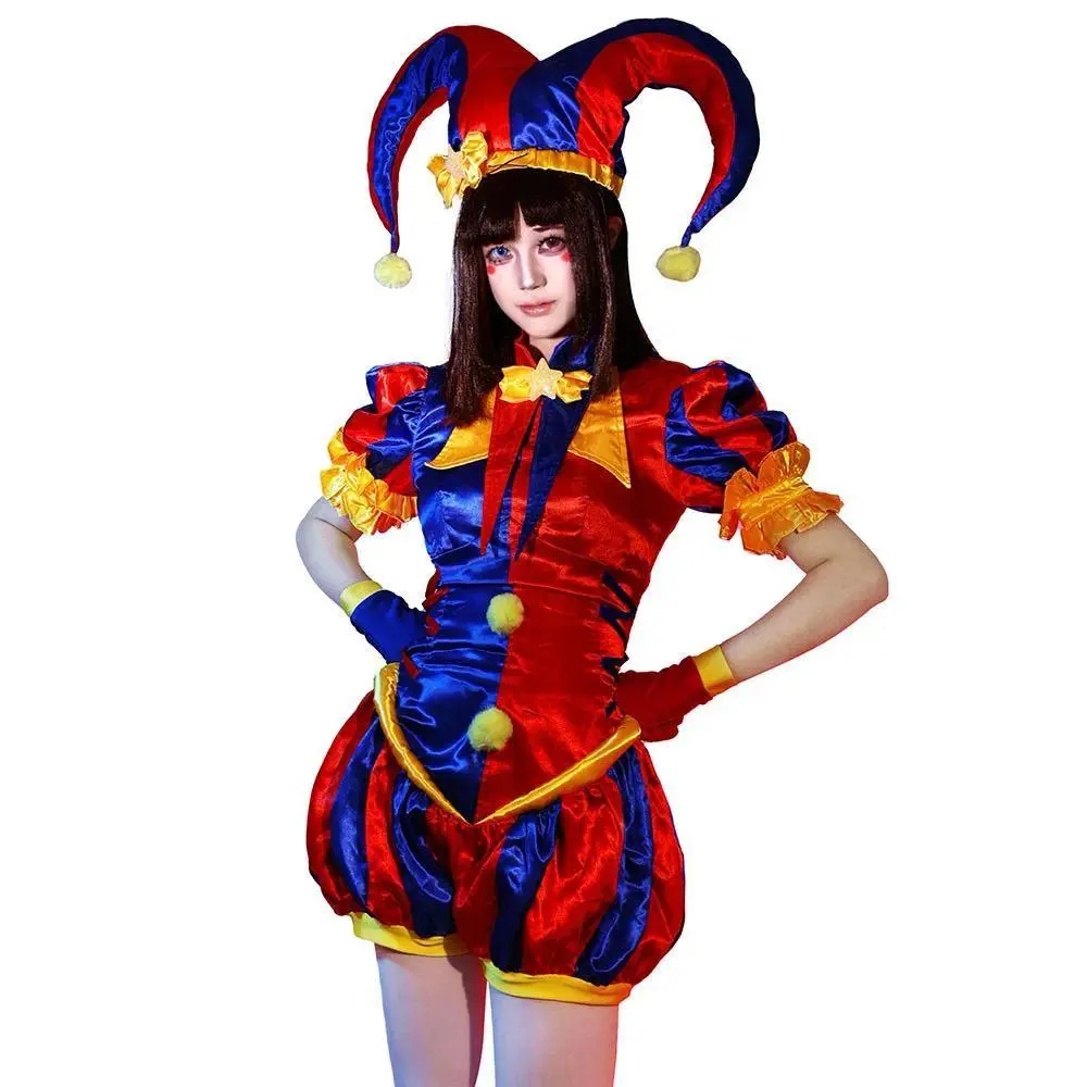 Adult Women Clown Cosplay Costume Jester Costume Blue Red Jumpsuit and Hat with Gloves Socks Christmas Halloween Party Costumes