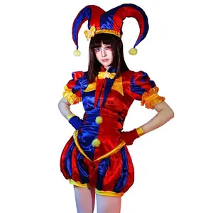 Adult Women Clown Cosplay Costume Jester Costume Blue Red Jumpsuit and Hat with Gloves Socks Christmas Halloween Party Costumes