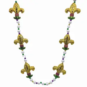 42" Purple, Green and Gold Fleur de Lis Mardi Gras Beads (Dozen)
