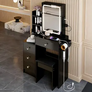 29.2" Small Size Bedside Cabinet Vanity Table + Cushioned Stool, 2 AC+2 USB Power Station, Hair dryer bracket, Extra Large Touch Control Sliding LED Mirror, 3-color Switching, EPA, GCC, UL Certificate