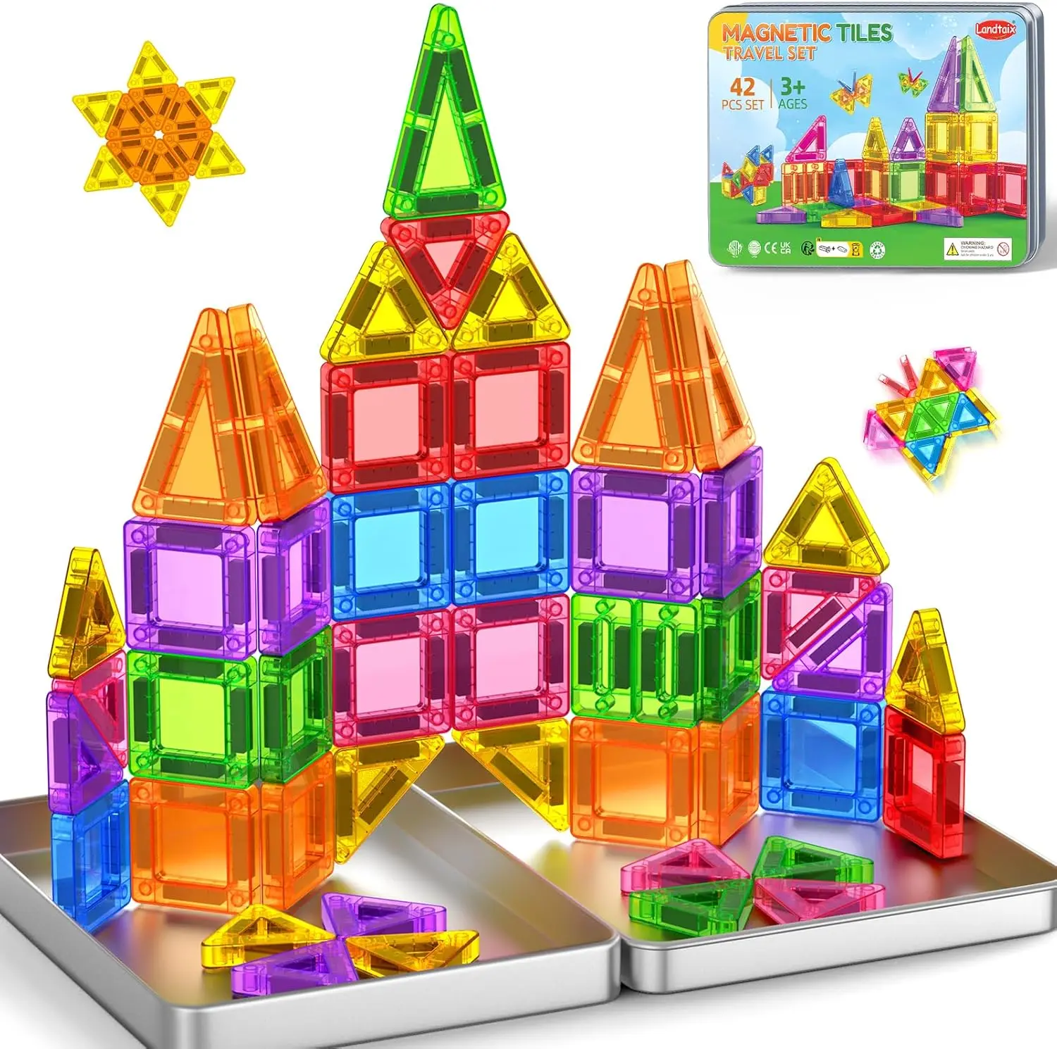 Unisex 42PCS BPA-Free Mini Magnetic Tiles Travel Set with Iron Box, STEM Construction Toys for 3+ Years Old Kids, Educational Portable Gifts for Children Development & Hand-Eye Coordination (Christmas/Birthday)