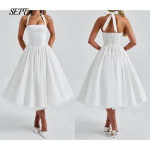 Women Halter Midi Dress Corset Back Layered Tuller Skirt Sleeveless Swing Cocktail Prom Formal Dresses