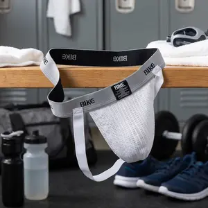 Men's Athletic Support Underwear - Bike Swimmer Jockstrap with 4-Way Stretch Mesh Pouch, Low-Rise 1-Inch Waistband, White Breathable Comfort for Sports Cycling Swimming Workout