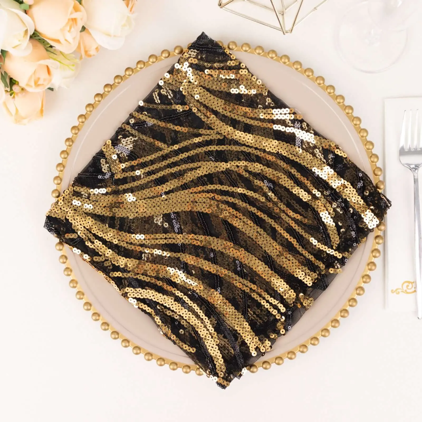 Square Wave-Embroidered Sequin Mesh Dinner Napkin, 20"x20" Black Gold Tableware for Wedding Events