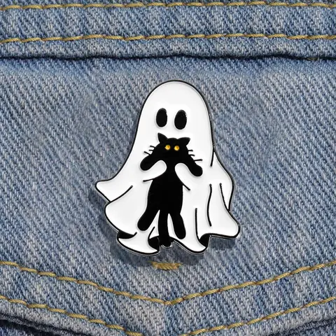 Cute Ghost & Cat Design Brooch Pin Clip, Creative Halloween Themed Jewelry for Party, Daily Clothing Decor for Girl, Fashion Accessories for Daily Wear