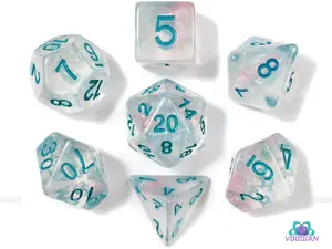 Icestorm | Clear Glitter w Teal Numbers Acrylic Dice Set (7) | Dungeons and Dragons (DnD)
