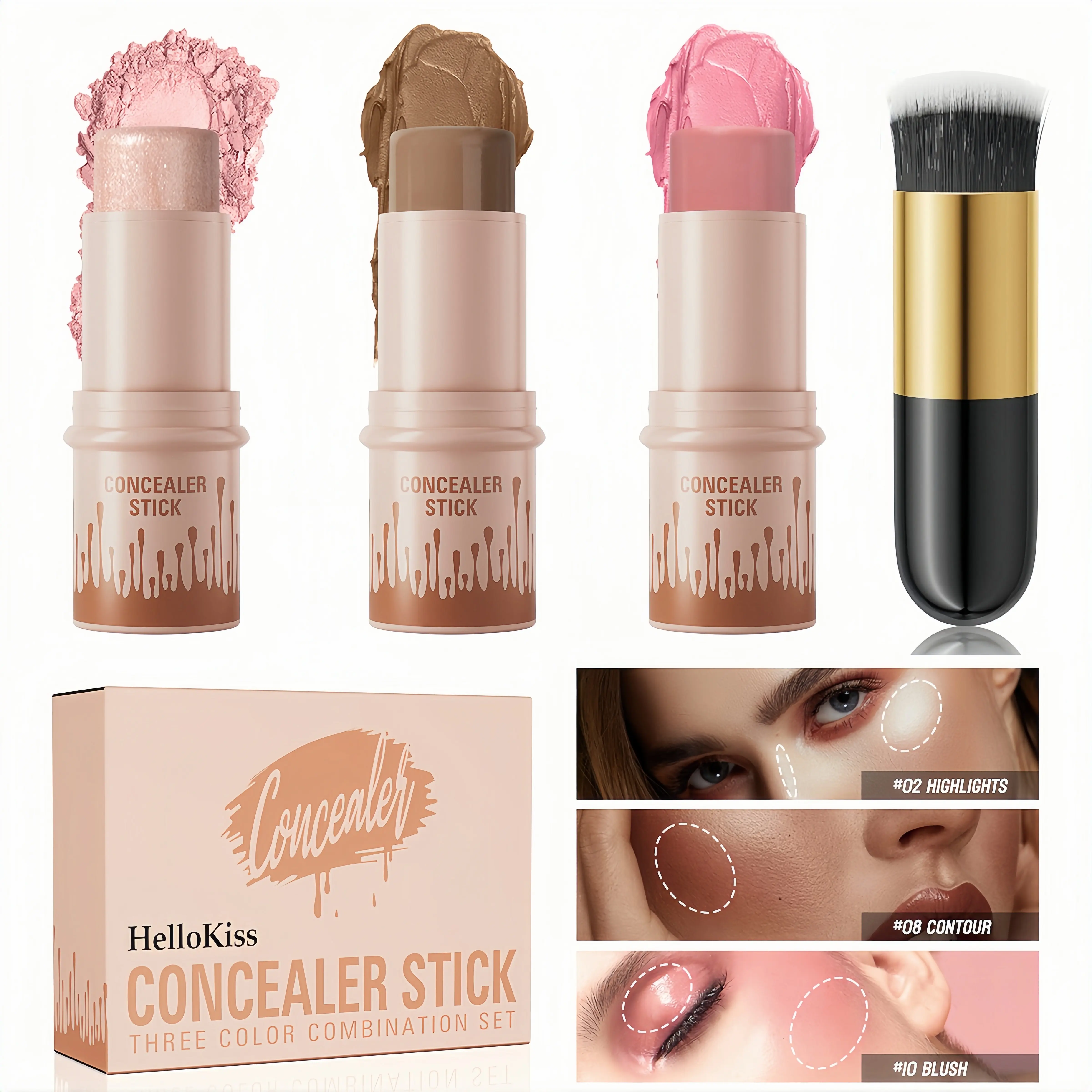 3-Piece Dual-Ended Makeup Stick Set, Cream Contour, Highlighter, and Blush Pens with Blending Brush for All Skin Types, Women's Facial Makeup, A Set