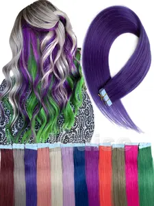 10PCS/Pack Rainbow Tape In Hair Extensions Human Hair, Highlight Hair Bundles,Straight Hair Extensions,3*0.8cm Invisible Tape In Hair Extensions Add Volume/Highlight Hair Looking For Women/Girls,Blue/Purple/Pink/Red Party/Daily Hair Looking
