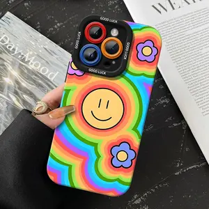 Cute Cartoon Smiley Face Flower Phone Case , TPU Soft Silicone,Fully Protected and Shockproof For iPhone16 15 15Pro Max 14 14Pro 13 12 11 X 16promax