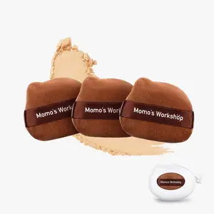 Momo's WorkshopLittle Lops Velour Smoothie Puff-Tawnie、Brown Velvet Powder Puff、 85° Pointed Tip for Highlighting & Full-Face Setting、3pcs Plush Puffs & Storage Case