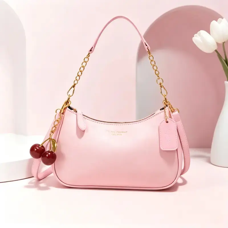 Y2K Cherry Charm Shoulder Bag for Women, Lightweight PU Leather Underarm Hobo Purse with Gold Chain Strap, Cute Sweet Cool Aesthetic Handbag for Daily Commute, Work, Shopping, Travel, Parties & Dates, Trendy Gift for Teen Girls