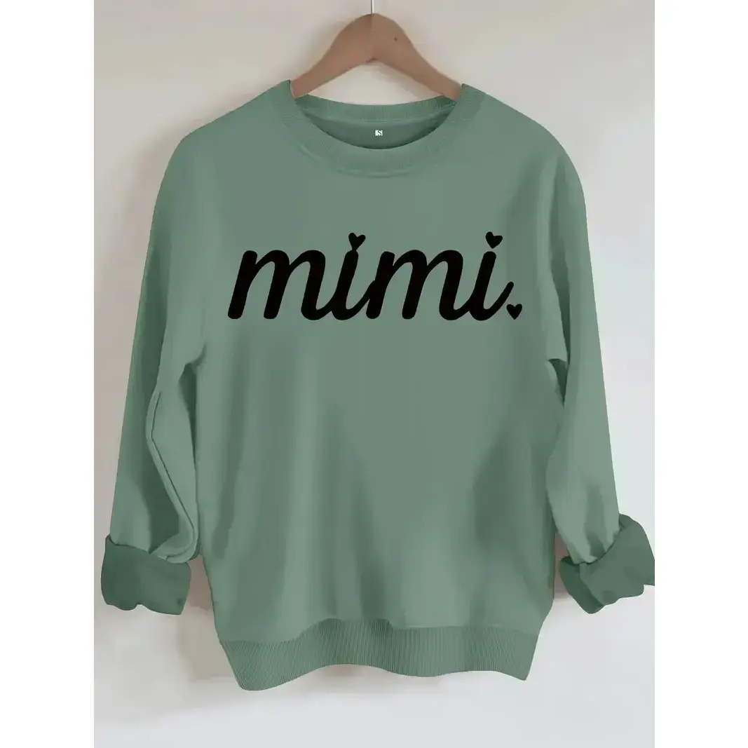 Women's Casual Mimi Heart Pattern Pullover Sweater, Soft Long Sleeve Round Neck Sweatshirt, Comfortable Daily Wear - KitchenEra
