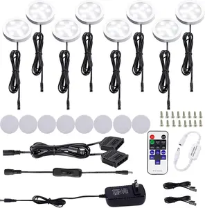 Kitchen Under Cabinet Lighting – 8 Pack Black Cord Aluminum Puck Lights, Dimmable with RF Remote, 12Vdc for Counter Closet Shelf (6000K Daylight White)