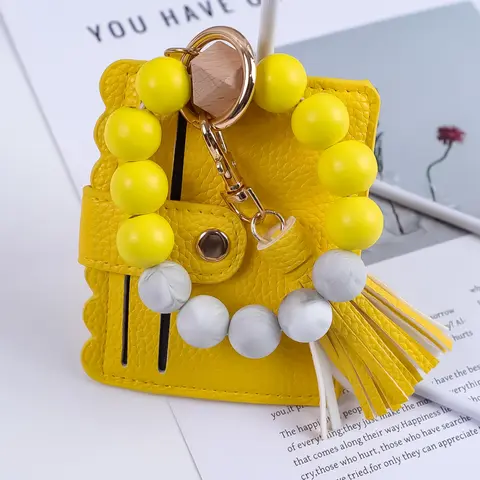 Mother's Day Gift 1 piece of lightweight mini version Cute Keychain Bohemian style beaded wrist Charm Keychain, Keychain Wristlet, with macaron colored beads and floral pattern card bag design for hanging keys and beaded keychain