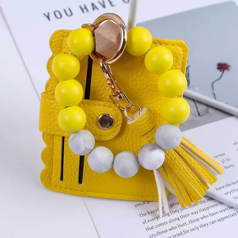 Mother's Day Gift 1 piece of lightweight mini version Cute Keychain Bohemian style beaded wrist Charm Keychain, Keychain Wristlet, with macaron colored beads and floral pattern card bag design for hanging keys and beaded keychain